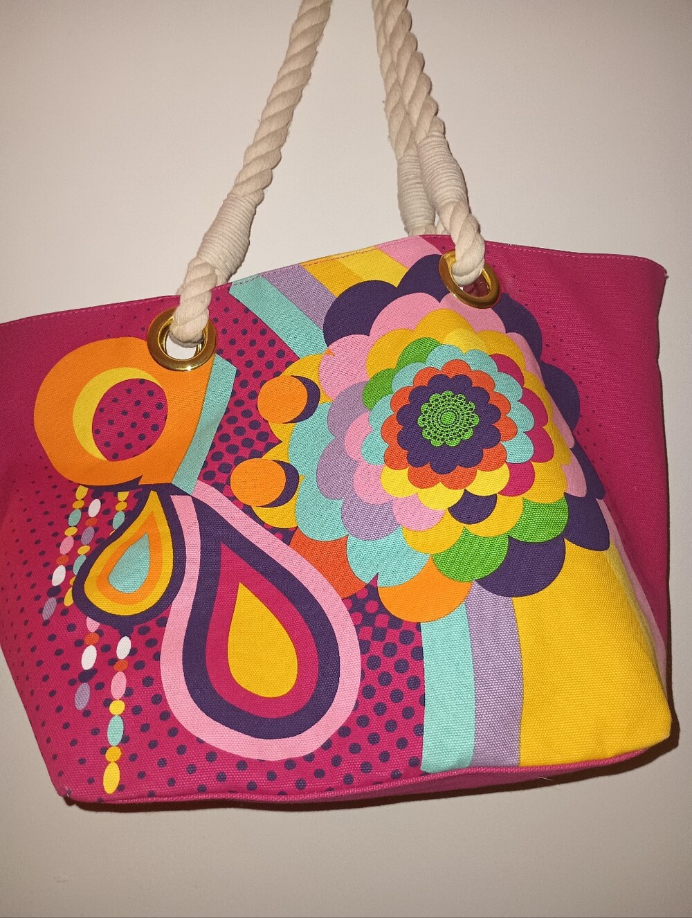 amika Bright Pink Multicolor Graphic Large Canvas Tote Rope Handles Zebra Lining - Picture 9 of 9